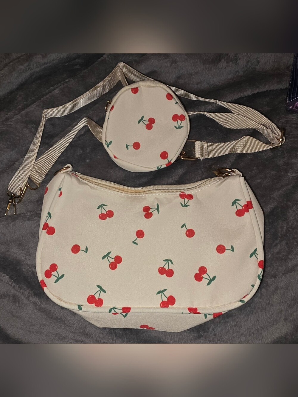 NWOT Cherry Print Crossbody Bag with Coin Pouch - Cream & Red